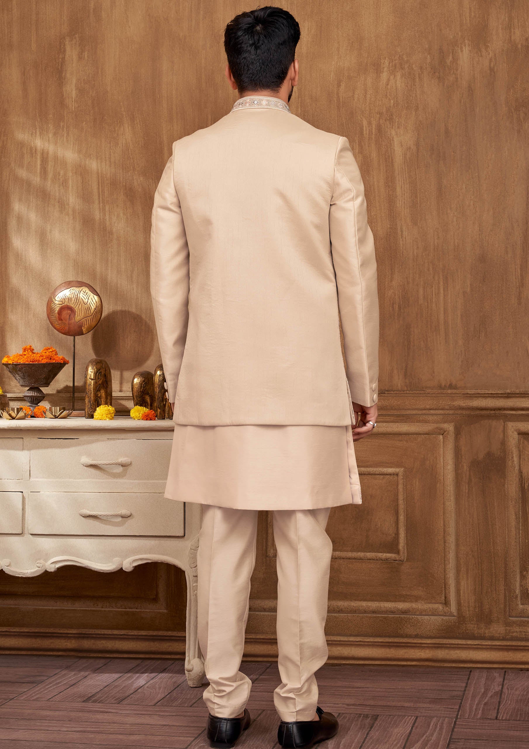 Men's Pink Embroidered Jacket and Indo Western Set